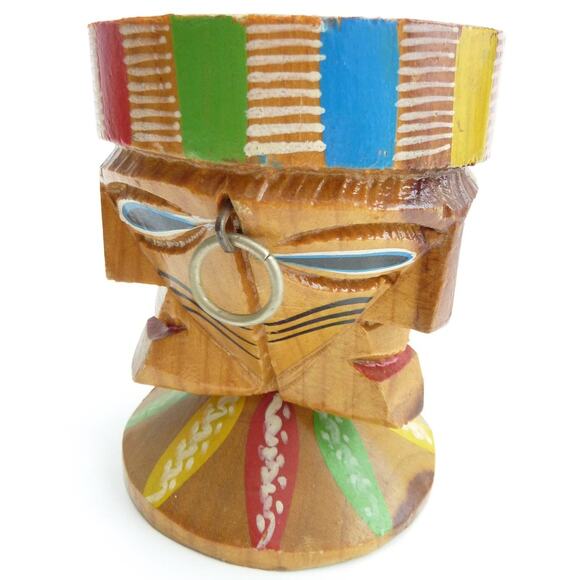 Vintage Carved Wood Tiki Candle Holder Stand 5" tall - Picture 1 of 5